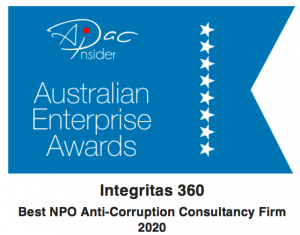 Picture of Integritas360 winner of Best NPO Anti-Corruption Consultancy Australian Enterprise Award 2020